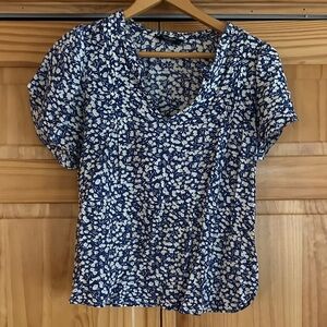 Lucky Brand Royal Blue and White Floral Scoop Neck Blouse